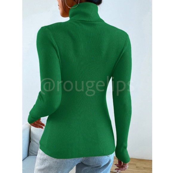Green Rib-Knit High Neck, Turtleneck Sweater Long Sleeve Slim Fit - Picture 3 of 9